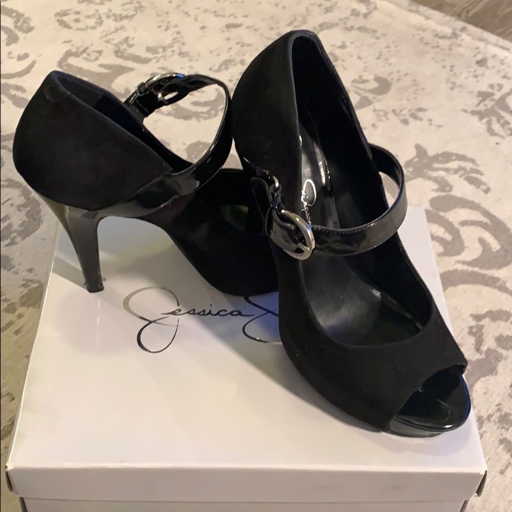 Jessica Simpson, black, suede, peep toe pumps